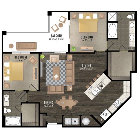 A floor plan of a house with a living room, dining room, two bedrooms, a balcony, and a kitchen.